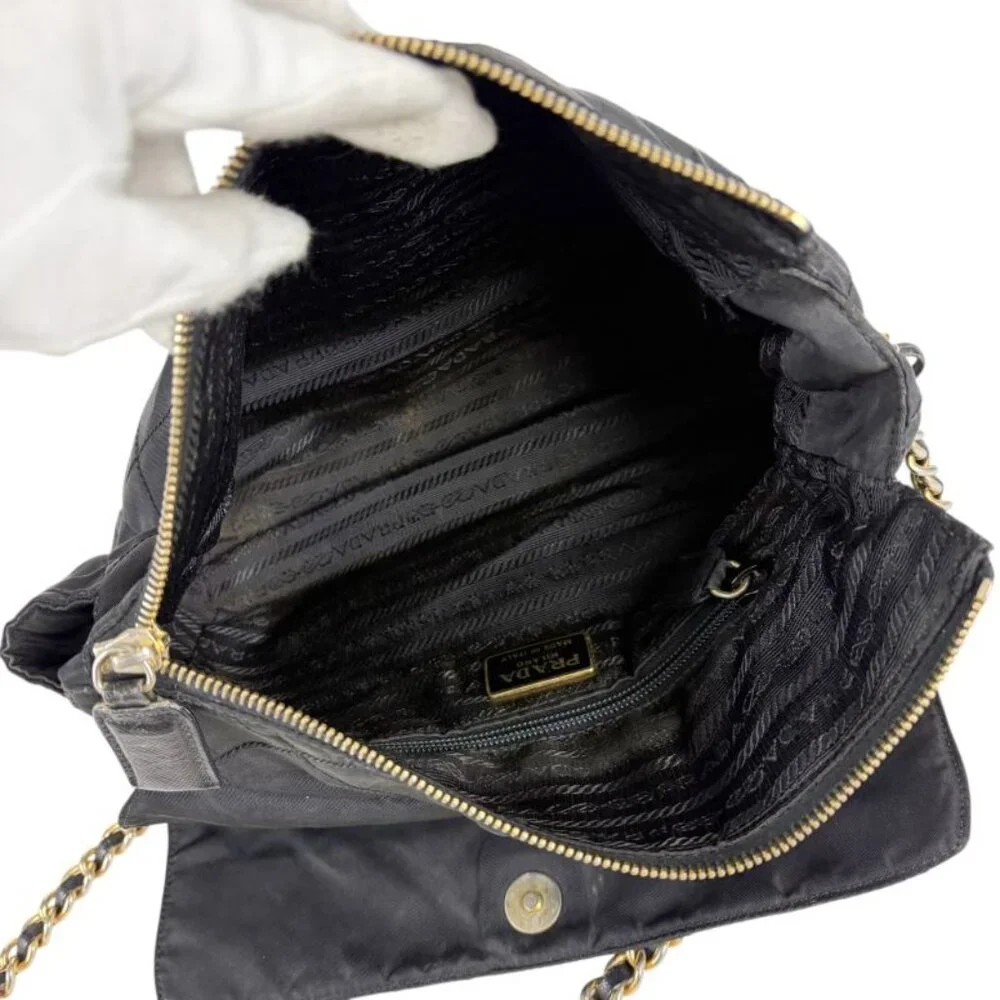 Prada Quilted Chain Shoulder Bag Triangle Logo Black Tessuto Nylon - Picture 10 of 10
